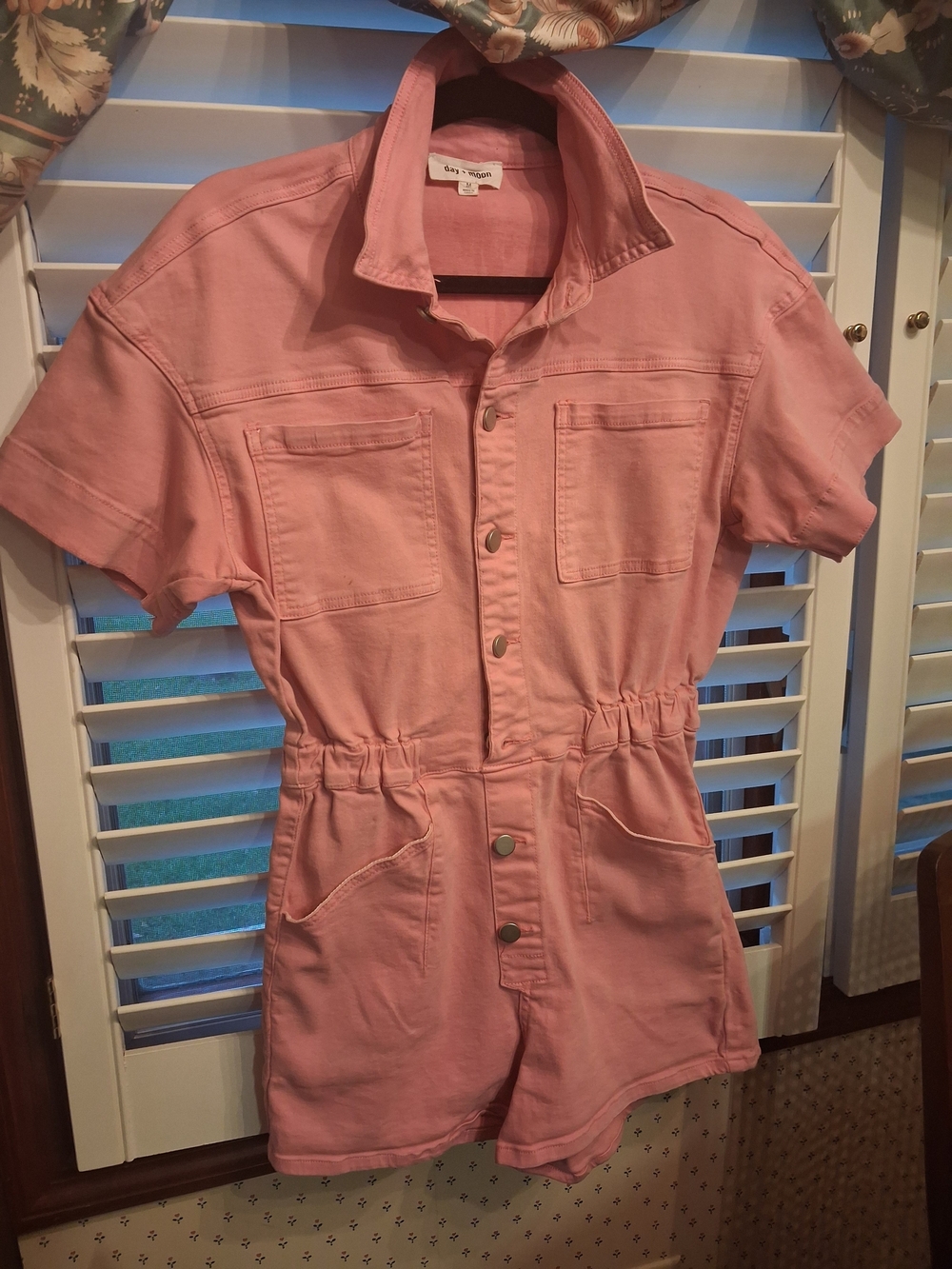 Women's Pink Denim  Short-Sleeve  Romper By Day & Moon.  Size MEDIUM
